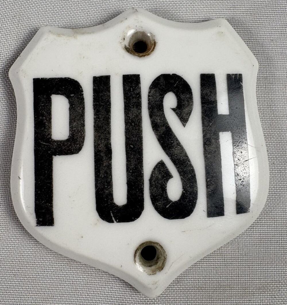 Antique T&V France Porcelain PUSH Door Sign 3” Black White Original Hardware